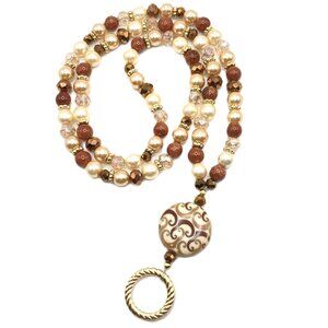 Brown, Tan, Cream and Gold, Handmade Beaded Eyeglass Sunglass Chain Holder